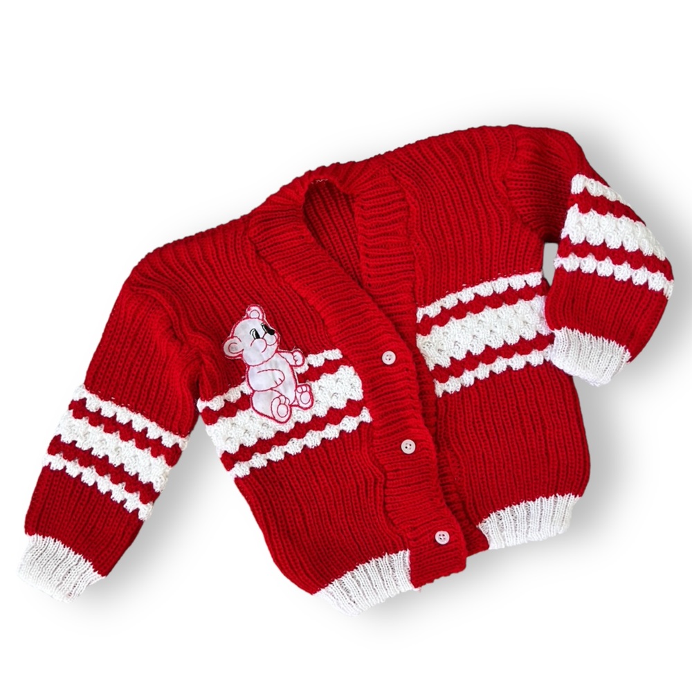 Vintage Handmade Knitted Baby Cardigan Red and White